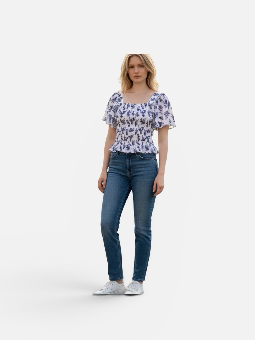 Japna White Smocked Top with Navy Floral Print
